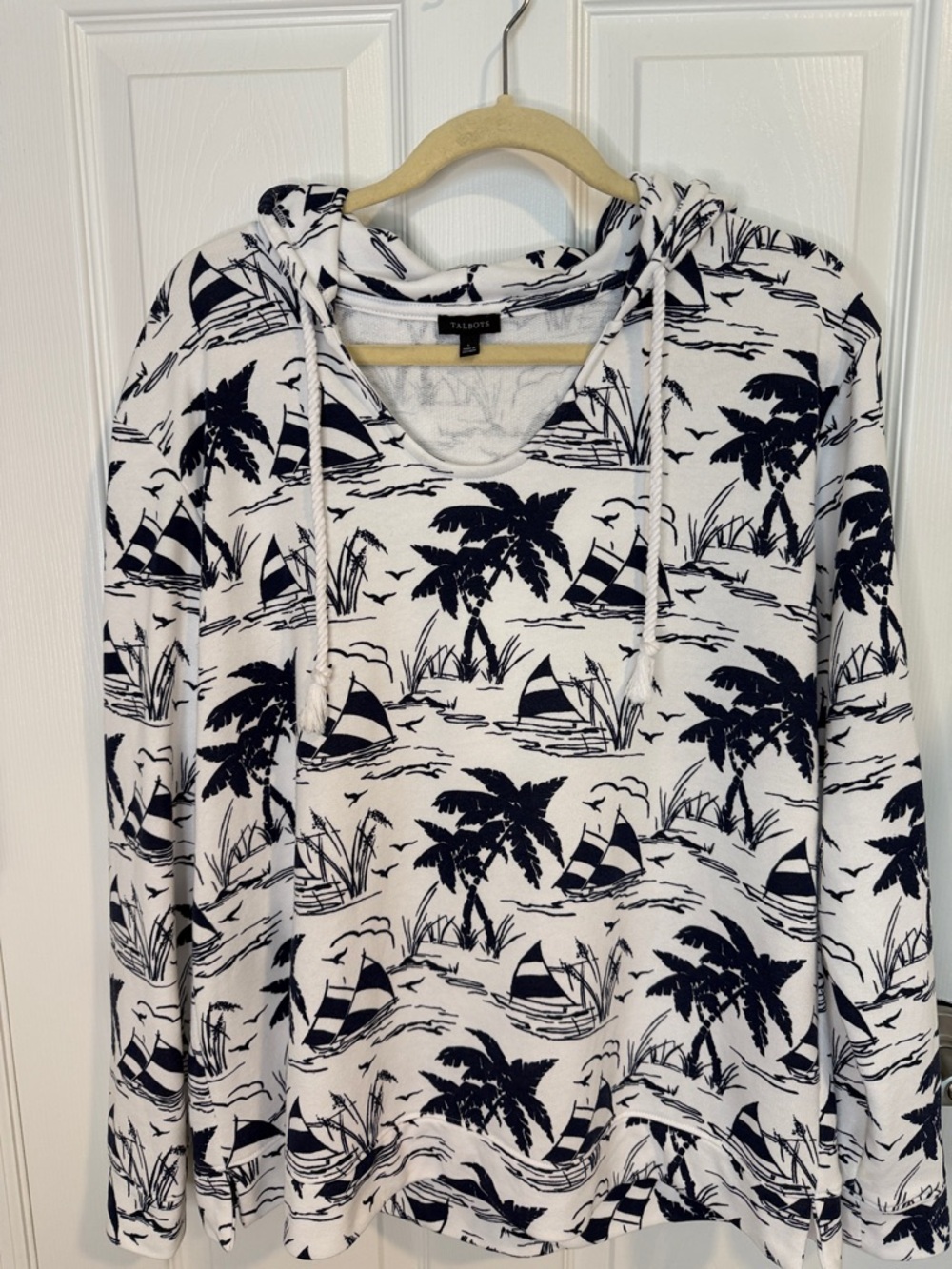 Sail away nautical Talbots scoop neck Hoodie featuring white and navy print - Picture 4 of 8